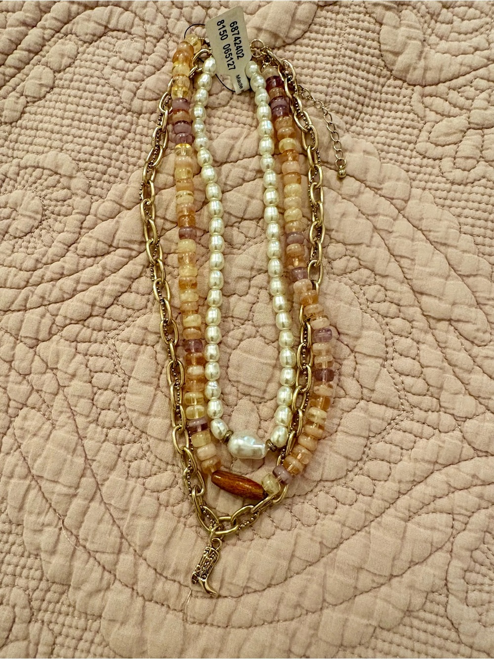 Vintage Free People Layered Pearl and Bead Necklace in Cream and Brown